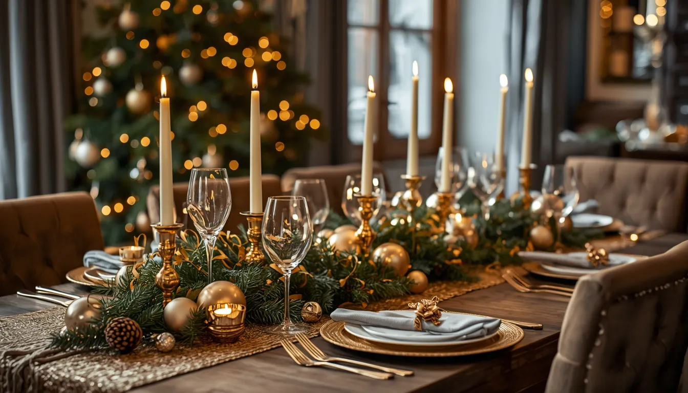 Elegant holiday table setup with golden accents